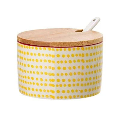 Afbeelding van Bloomingville Zoutpot met deksel en lepel Susie retro suikerpot vintage pot voor jam Ø 10 cm, geel, keramiek, inhoud ca. 250 ml