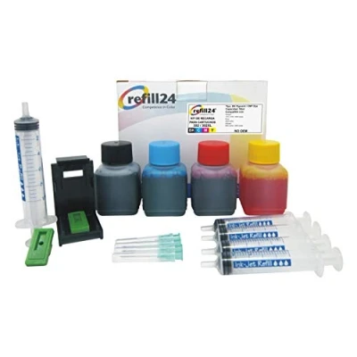 Afbeelding van refill24 Navulset: navulinkt 200 ml, compatibel met printercartridges HP 302, 302 XL zwart en kleur multipack + accessoires handleiding, navulset printerinkt voor DeskJet OfficeJet Envy