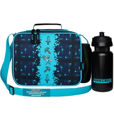 Afbeelding van Minecraft Geïsoleerde lunchtas voor kinderen met waterfles en zak (blauw)