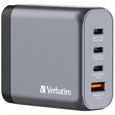 Afbeelding van Verbatim Ladeadapter, Universal, GNC 140, GaN, 140W, grau 1x USB A QC, 3x C PD, Retail