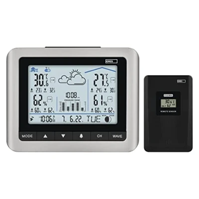 Afbeelding van EMOS Draadloos weerstation met witte achtergrondverlichting, buitensensor, temperatuur C/F, luchtvochtigheid, weersvoorspelling, max/min meetwaarden, radioklok 12/24 uur, kalender, werkt op