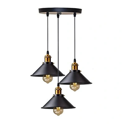 Afbeelding van DELIPOP 3 lampen hanglamp retro industrieel plafondlamp design Edison metalen kroonluchter met houder voor ronde plaat, 22 cm, zwart