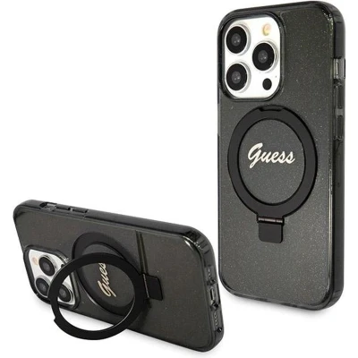 Afbeelding van Guess Ring Stand Script Glitter Back Cover hoesje met MagSafe voor Apple iPhone 13 Pro Max Zwart