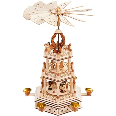 Afbeelding van BRUBAKER Kerstpiramide 3 tier Roterende Houten Piramide Kerstdecoratie met Etages 44 cm Hoog Handgeschilderde Figuren Kerst Natuur Bruin