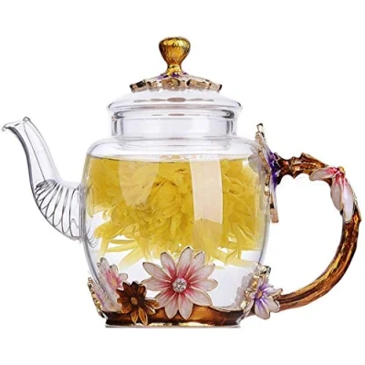 Afbeelding van YBK Tech Creatieve bloem glazen theepot kristalglazen voor Kung Fun Tea, Goed cadeau zus, moeder, oma, leraren (chrysant (gouden handvat))
