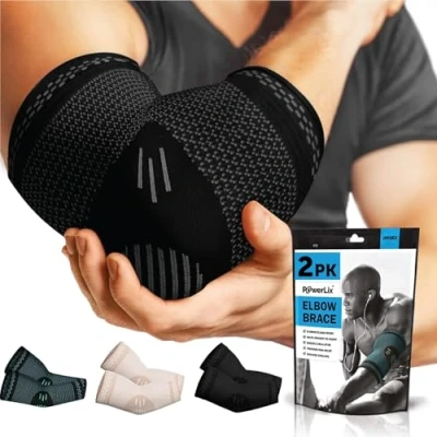 Afbeelding van POWERLIX Elleboogsteun voor mannen/vrouwen/kinderen, 2 pack elleboogbrace compressiearmsteun tendinitis, tenniselleboog, steunmouwen sportbescherming en pijnverlichting, Zwart XL