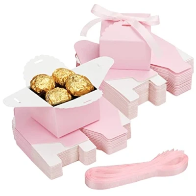 Afbeelding van Belle Vous 60 Pak Kleine Roze Hobby Geschenk Doosjes met Lint 6,5 x 4,5 cm Bruiloft Papier Snoep Kartonnen Jubileum, Verjaardagsfeest, Baby/Bruidshower