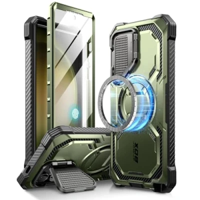 Afbeelding van i Blason Armorbox voor Samsung Galaxy S24 Ultra Case MagSafe met Camera Cover Stand [Ondersteuning Draadloze Oplader] 360 Full Body Screen Protector &amp; Kickstand Telefoonhoesje Ultra,