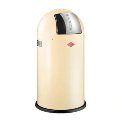 Afbeelding van Wesco Pushboy vuilnisemmer in de kleur amandel, gepoedercoat plaatstaal, 50 liter volume, grote roestvrijstalen klep, uitneembare binnenbak