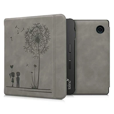 Afbeelding van kwmobile e reader hoesje compatibel met Tolino Vision 5 Kunstleren ereader cover stand Paardenbloemen Liefde in grijs