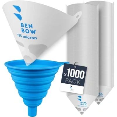 Afbeelding van BenBow Lakzeef 125µ x 1000 stuks wegwerppapierfilter met nylonweefsel en praktische siliconen trechter voor het filteren van lakken kleuren tegen verontreinigingen