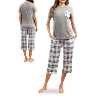Afbeelding van Pyjamaset voor dames, geruit, zomerpyjama met korte mouwen en broek 2 zakken, comfortabele slaapkleding, cadeau, grijs, XXL
