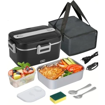 Afbeelding van SOBEAU Elektrische Lunchbox, 3 in 1 12/24/220V Thermo 1,8 L grote container lunchbox volwassene, warmhoudbox met bestek en geïsoleerde lunchtas voor auto, huishouden, kantoor, zwart