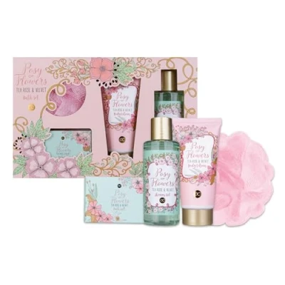 Afbeelding van accentra cadeauset voor dames POSY OF FLOWERS 4 delig badset cadeau met bodylotion, badzout, douchegel en meshspons wellnessset meisjes verjaardagen speciale gelegenheden