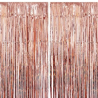 Afbeelding van 2 Lametta Metalen Gordijnen Rosegold, Folie Gordijn, Achtergrond Ringgordijnen voor Verjaardag, Partij, Bruiloft. Decoratie Rose Goud