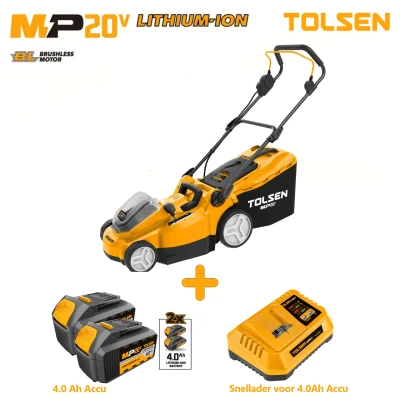 Afbeelding van Tolsen Grasmaaier op accu Brushless 20V Li ion 700W Maaibreedte: 370 mm Maaioppervlakte: 350 400 m2 6 Maaihoogte instellingen: 25 75 Opvangbak: 40 liter Incl. 2x 4.0Ah &amp; 1x snellader