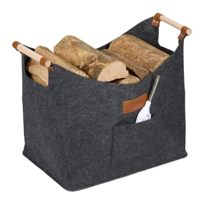 Afbeelding van Relaxdays houtmand vilt 50 liter houten handgrepen opbergmand grijs