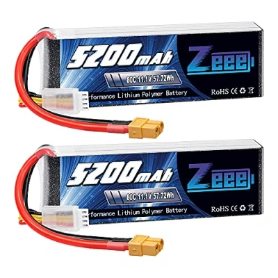 Afbeelding van Zeee 3S LiPo RC Accu 5200mAh 11.1V 80C Batterij met XT60 stekker voor auto, vliegtuig, helikopter, hobby (2 packs)