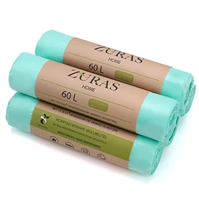 Afbeelding van ZURAS® 60 liter afvalzakken voor organisch afval 75 composteerbare, biologisch afbreekbare op plantaardige basis, DIN en 13432 gecertificeerd getest, scheurvast waterdicht