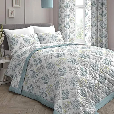 Afbeelding van Dreams &amp; Drapes Eendenei Blauw gebloemde beddensprei (195 x 230 cm) Blauwe Botanische Bloem Bed Cover Gewatteerd/Gewatteerde Deken Emily Collection