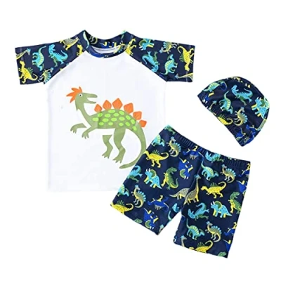 Afbeelding van FedMois Kinderen Jongens Zwempak 3 delig Badmode Set Zwemshirt Zwemshorts Badmuts, Dinosaurus Wit, 4 jaar