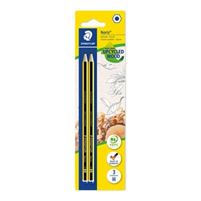 Afbeelding van STAEDTLER Noris 120 3 BK2D Potlood, gemaakt van geüpcycled hout, hardheidsgraad H, antislip zacht oppervlak, hoge boekvastheid, kwaliteit, Made in Germany, blisterkaart met 2 stuks