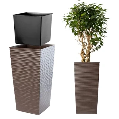 Afbeelding van KADAX Bloempot, bloembak van kunststof, plantenbak voor bloemen, binnen en buiten, tuin, balkon, terras, huis, weerbestendig, imitatie rotan (75,5 cm hoogte, mokka)