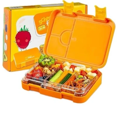 Afbeelding van schmatzfatz Junior Broodtrommel voor kinderen, met vakken, BPA vrije lunchbox, bento box meisjes en jongens, snackbox, perfect school, kleuterschool uitstapjes (oranje bos)