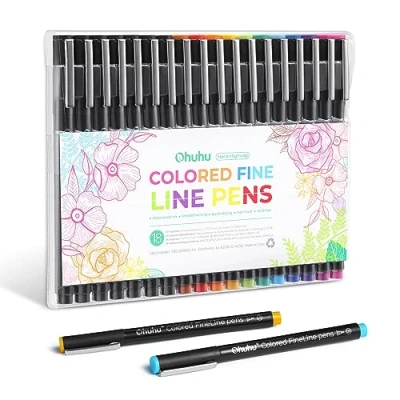 Afbeelding van Ohuhu Fijne lijnpennen, 18 stuks, 11 kleuren, fineliner tekenpennen, 0,45 mm en 7 zwarte micropennen, verschillende puntmaten, geen inkt, vloeiend, voor handschrift, tekenen, schetsen, kunstenaars,