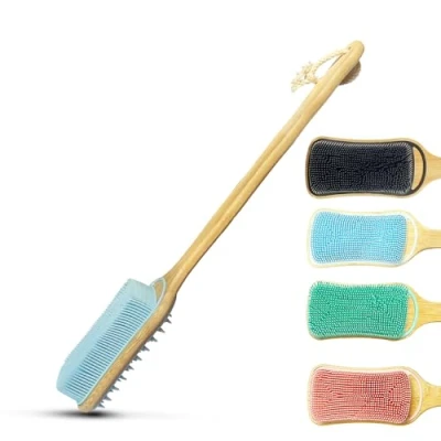 Afbeelding van Rexzono Siliconen rugscrubber voor de gevoelige huid, exfoliërende lichaamsscrubber, badborstel met lange steel, loofah douche, zachte reinigingsscrub vrouwen en mannen, gemakkelijk schoon
