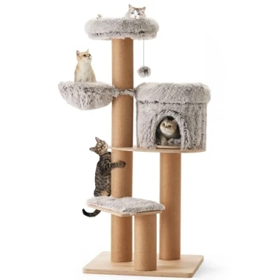 Afbeelding van FUKUMARU Kattenboom, 155 cm 5 in 1 kattentoren voor binnenkatten, pluche kattenappartement met meerdere niveaus 6 krabpalen, afneembare en wasbare kussens, activiteitenhuis baars hangmat