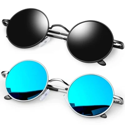 Afbeelding van KANASTAL Zonnebril Ronde Dames en Heren Gepolariseerde Hippie Steampunk Stijl Klassieke Retro Met UV400 Bescherming Unisex Zwart Blauw