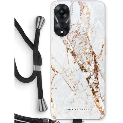 Afbeelding van Case Company® hoesje met Koord geschikt voor Oppo A58x Goud marmer Telefoonhoesje Zwart Bescherming aan alle Kanten en Over de Schermrand