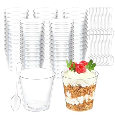 Afbeelding van Atliberswo 50 stuks dessertglazen, plastic, dessertbekers van plastic met lepels, 60 ml, herbruikbare dessertkommen, voor pudding, mousse, ijs, dessert, party