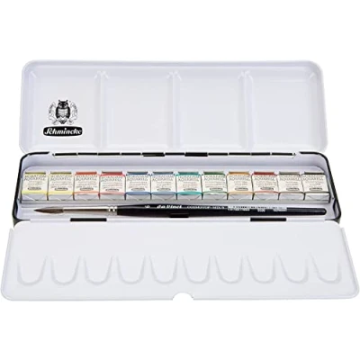 Afbeelding van Schmincke HORADAM® Aquarell stabiele verfdoos met 12 fijnste aquarelkleuren, 1 Davinci penseel, 74 740 097, metalen doos, schilderset, x 1/2 napjes