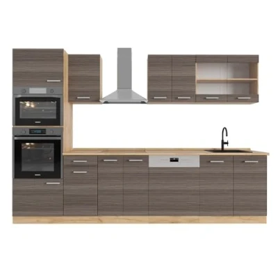 Afbeelding van Vicco Complete keukeneenheid R Line, Edel grijs/gouden eik, 300 cm met hoge kast, zonder werkblad