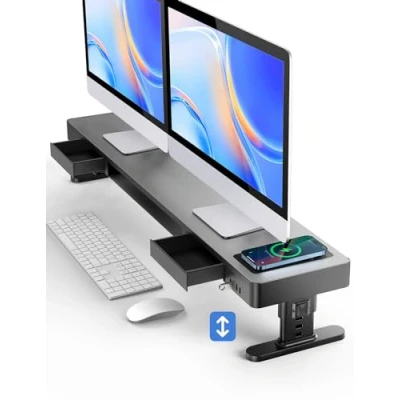 Afbeelding van meatanty dubbele monitorstandaard met 4 verstelbare hoogtes, automatische telefoonoplaadpad, USB poorten, computerverhoger laden opslag, metalen bureau organizer, lifter verhoger voor 2