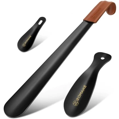 Afbeelding van ZOMAKE Metalen Schoenlepel 3PCS 16.5 in Lange Greep Luie Schoenhelper Met Leren Handvat,Extra Schoenlepels Voor Mannen Vrouwen Ouderen,7.5&amp;3.94 Haak