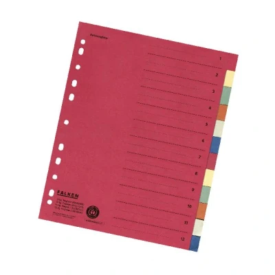 Afbeelding van Origineel Falken kartonnen registers extra breed. Made in Germany. Voor DIN A4 24 x 29,7 cm volledige hoogte met organisatiedruk 12 delig full colour 2 6 kleuren.