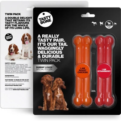 Afbeelding van TastyBone Small Twinpack Sunday Lunch Roast Chicken &amp; Strawberry Hond Kauwspeelgoed Vegan Kluif Nylabone