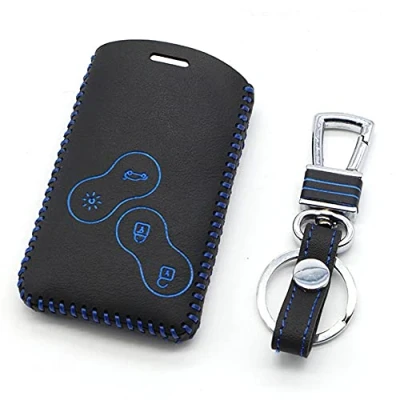 Afbeelding van Happyit Lederen autosleutelhoesje sleutelhanger voor Renault Clio Scenic Megane Duster Sandero Captur Twingo Koleos 4 toetsen afstandsbediening (blauw)