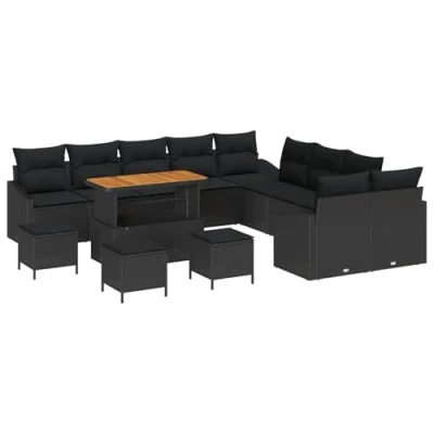 Afbeelding van vidaXL 14 delige tuinset met kussens in zwart poly rattan en acacia