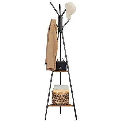 Afbeelding van VASAGLE Kapstok op pootjes, kledingkast, ingangsmeubel, industriële stijl, met 2 legplanken, voor kleding, hoeden, tassen, rustiek bruin en zwart RCR16BXV1