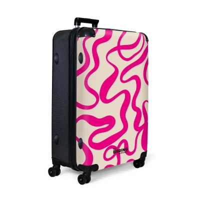 Afbeelding van NoBoringSuitcases.com® Koffer groot Reiskoffer lichtgewicht Beige met roze abstracte lijnen Rolkoffer 4 wielen Grote trolley XL 98 liter bagage