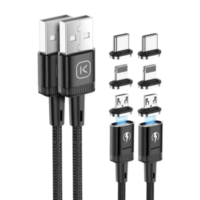 Afbeelding van Kuulaa 3 in 1 magnetische oplaadkabel, 3A snellaadkabel voor telefoon, nylon, gevlochten met ledlicht, magnetisch USB oplaadsnoer micro USB, type C apparaten en iProducts (2 stuks, m + 2 m,