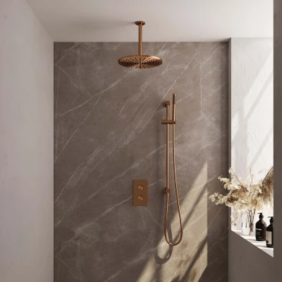 Afbeelding van BRAUER Copper Carving thermostatische inbouw regendouche 3 weg omstelling SET 42 met 30 cm douchekop en plafondarm staaf handdouche doucheslang
