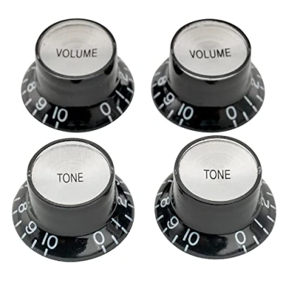 Afbeelding van Musiclily Pro Metrisch Gitaarknop Reflector Belmodel 2 Volume Toon Knoppenset voor Double Cut stijl Elektrische Gitaar, Zwart met Zilver Top (4 Stuks)