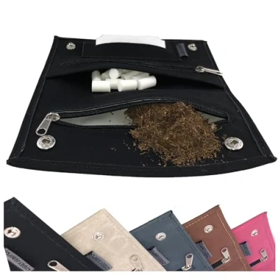 Afbeelding van Tabakstas used Leather touch tabakszak voor draaitabak met vakken filter vloeitjes aansteker (1.) zwart single)