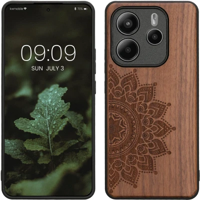 Afbeelding van kwmobile telefoonhoesje geschikt voorXiaomi Redmi Note 14 5G Hoesje met bumper walnoothout In donkerbruin Opkomende Zon design