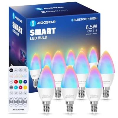 Afbeelding van Aigostar Mesh Smart Kaarslamp Bluetooth 6.5W C37, Slimme LED Lampen Werkt met Alexa, Bulb E14 555LM RGB &amp; 2700K 6500K, 6 Stuks (met afstandsbediening)